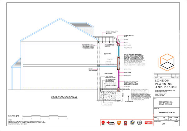 Structural calculations and building regulations drawing for house extension at Romford, Essex